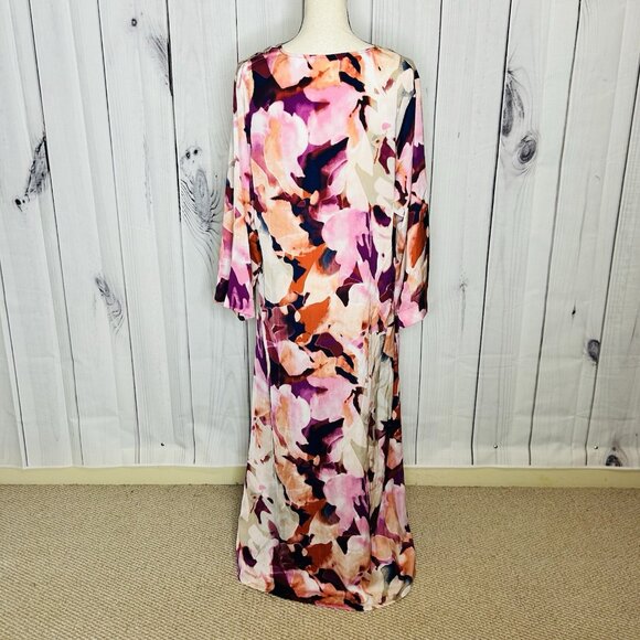 N Natori Caftan Pink Purple Abstract Floral Mix Sz L Full Zip 3/4 Sleeve Pockets - Picture 9 of 11
